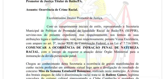 COMUNICAÇÃO AO MINISTÉRIO PÚBLICO SOBRE POSSÍVEL CRIME DE RACISMO